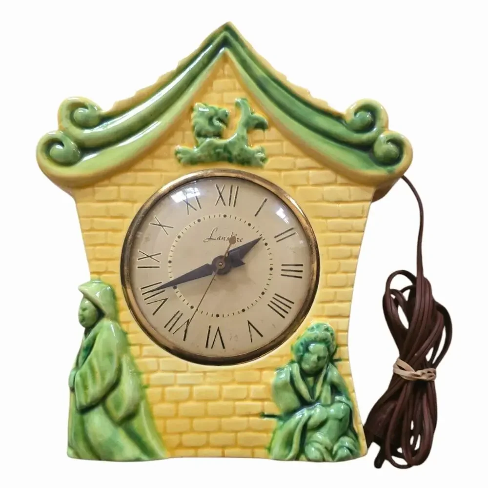 Antique Lanshire Self Starting Glazed Ceramic Mantle Clock Yellow Green Asian